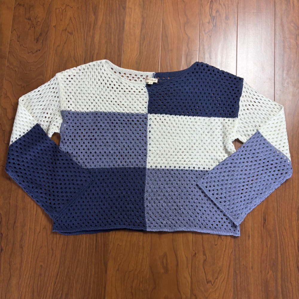 Hem & Thread Colorblock Crochet Sweater Blue Cream Patchwork Pointelle Large